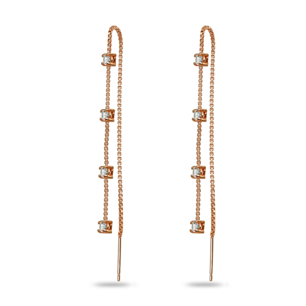 Rose Gold Flashed Sterling Silver Cubic Zirconia Round Long Dangle Chain Drop Wrap Tassel Threader Earrings-2