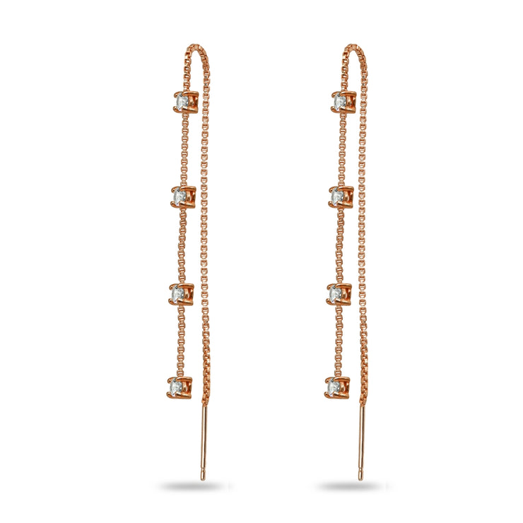 Rose Gold Flashed Sterling Silver Cubic Zirconia Round Long Dangle Chain Drop Wrap Tassel Threader Earrings
