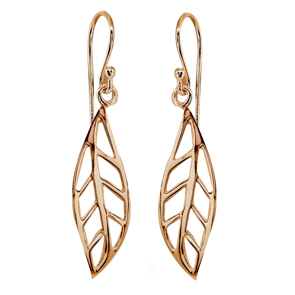 Rose Gold Flashed Sterling Silver Polished Leaf Fall Autumn Dangle Earrings