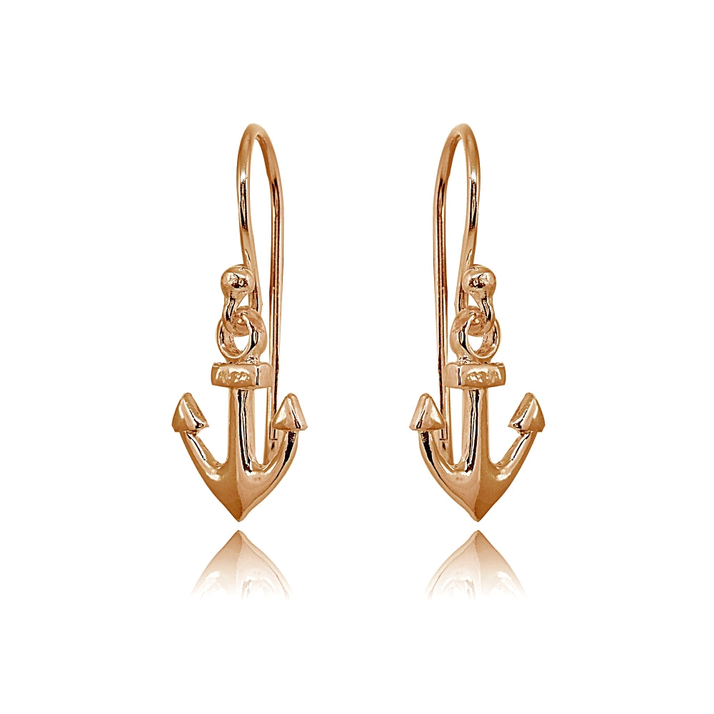 Rose Gold Flashed Sterling Silver Polished Anchor Nautical Navy Dangle Earrings