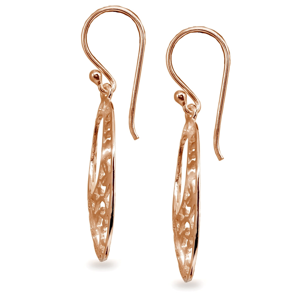 Rose Gold Flashed Sterling Silver Polished Oval Heart Filigree Cut Out Dangle Earrings-2
