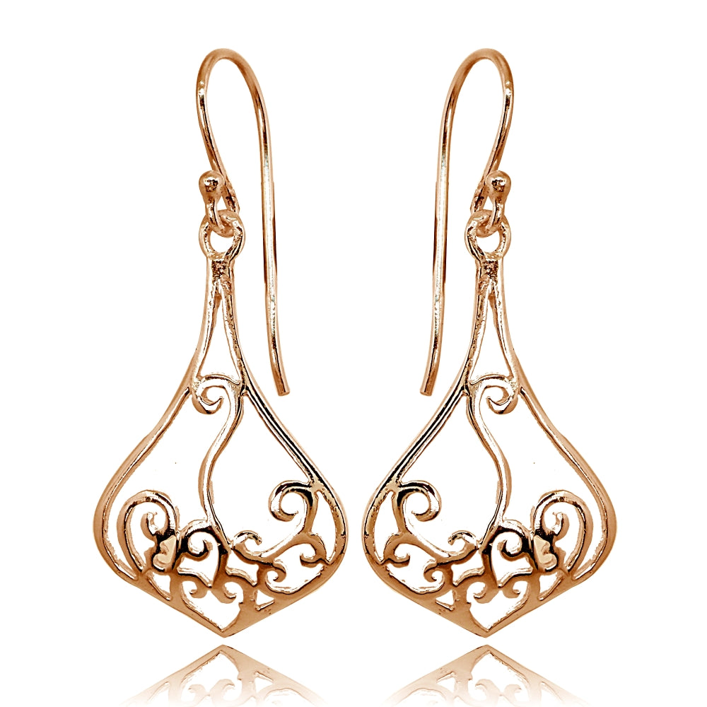 Rose Gold Flashed Sterling Silver Polished Teardrop Filigree Swirl Dangle Earrings