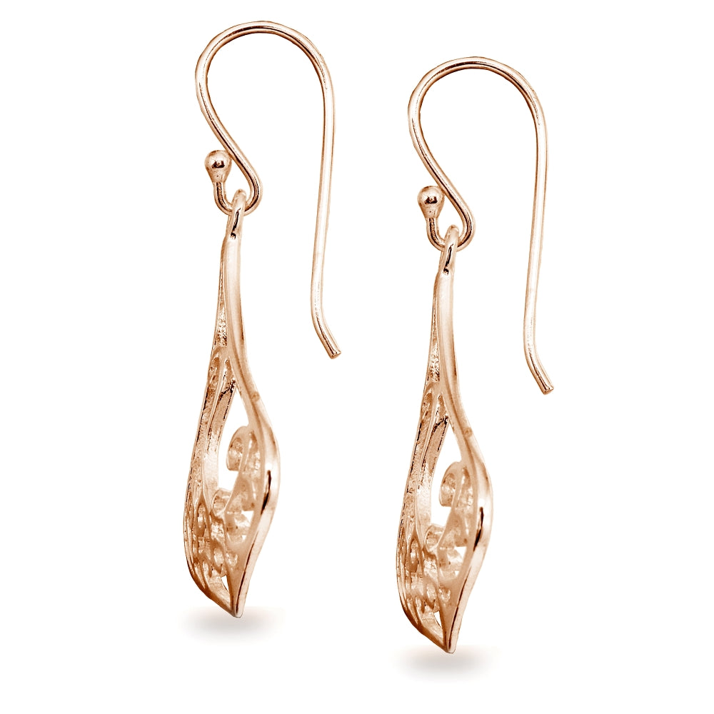 Rose Gold Flashed Sterling Silver Polished Teardrop Filigree Swirl Dangle Earrings-2