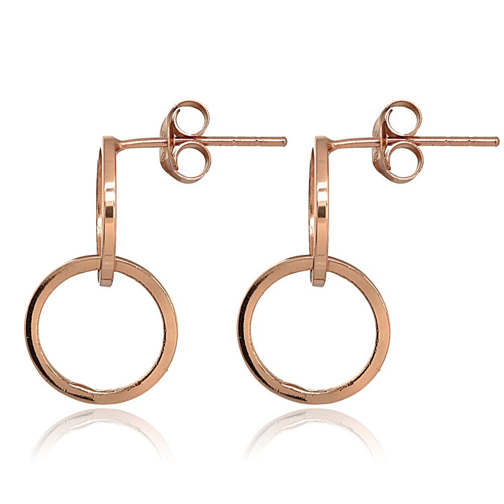 Rose Gold Flashed Sterling Silver Polished Interlocking Double Circle Frontal Hoop Drop Earrings-2