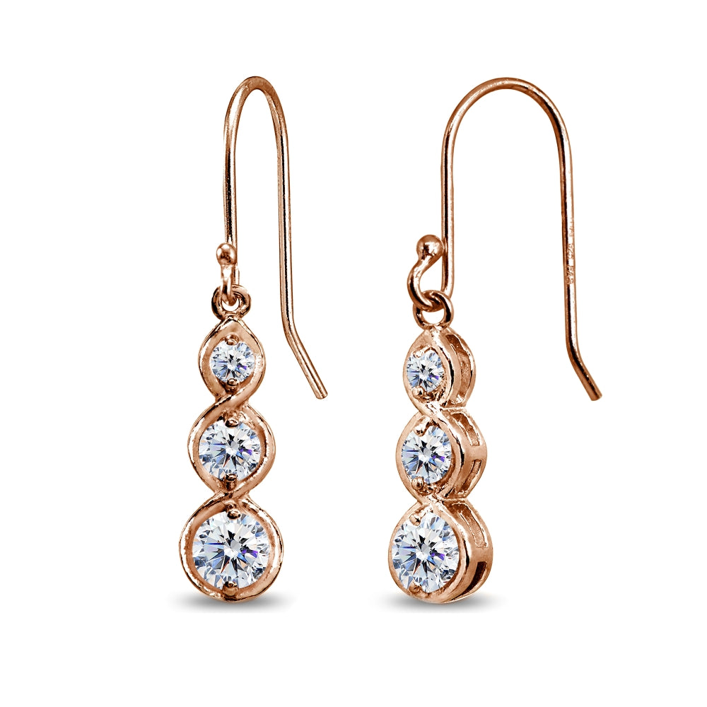 Rose Gold Flashed Sterling Silver Round Three Stone Journey Infinity Dangle Earrings Made with Swarovski Zirconia-3