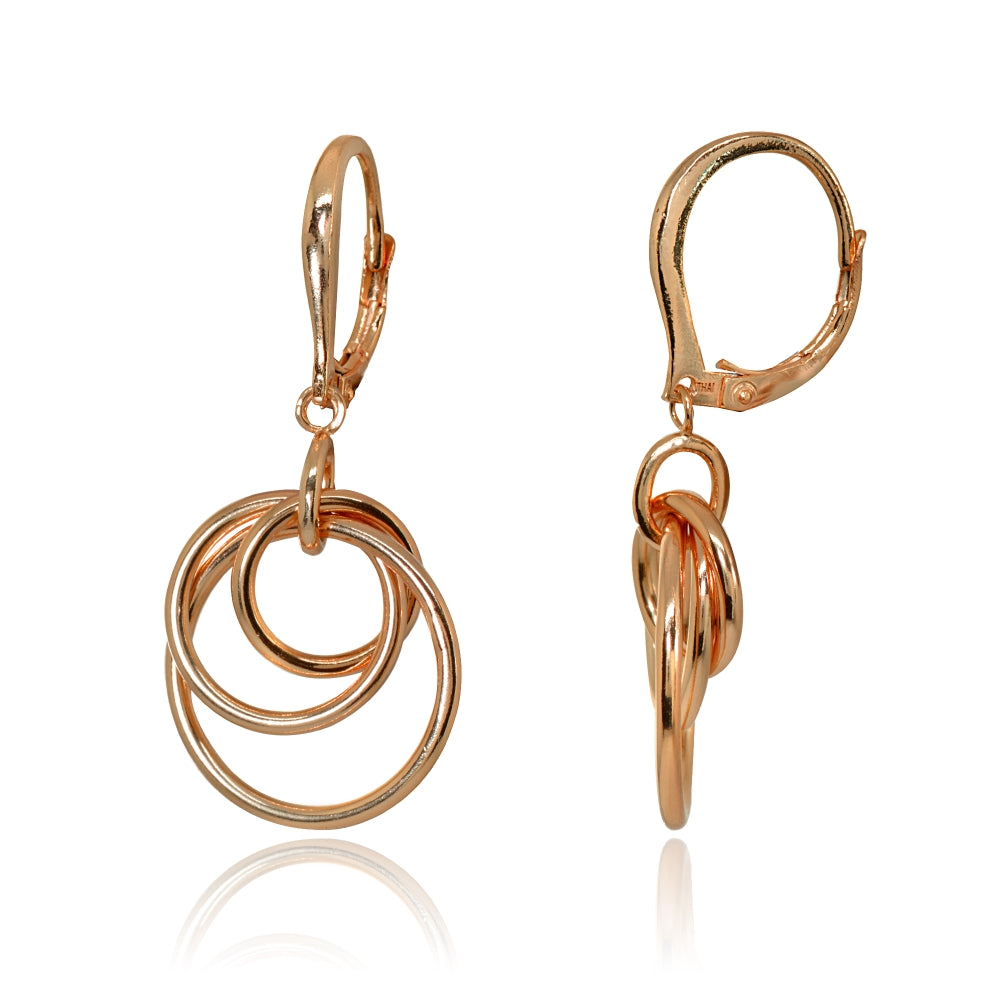 Rose Gold Flashed Sterling Silver Polished Frontal Hoops Interlocking Circle Link Drop Dangle Leverback Earrings