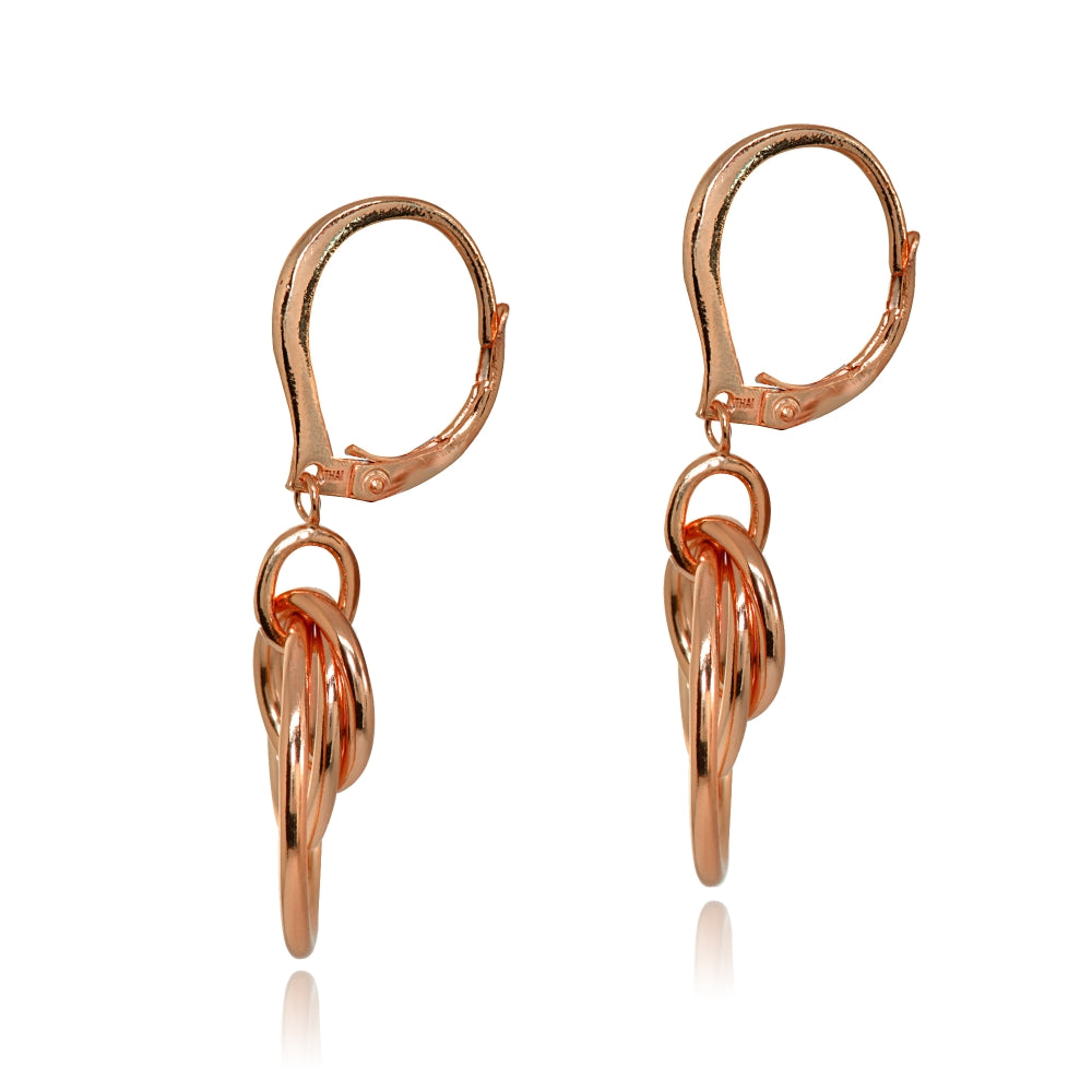 Rose Gold Flashed Sterling Silver Polished Frontal Hoops Interlocking Circle Link Drop Dangle Leverback Earrings-2
