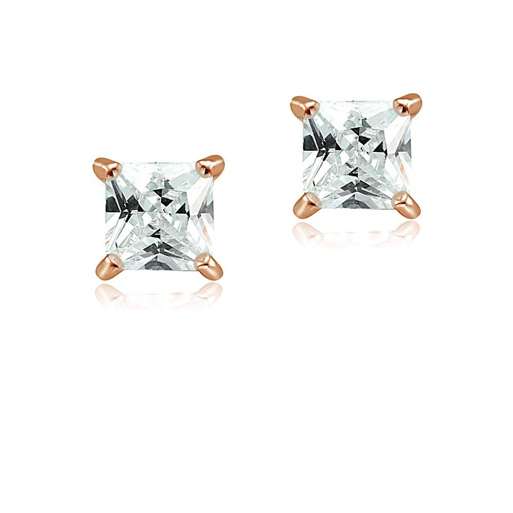 Rose Gold Tone over Sterling Silver 3/4ct Cubic Zirconia 4mm Square Stud Earrings-2