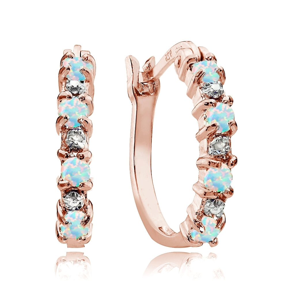 Rose Gold Tone over Sterling Silver White Opal & Diamond Accent Hoop Earrings