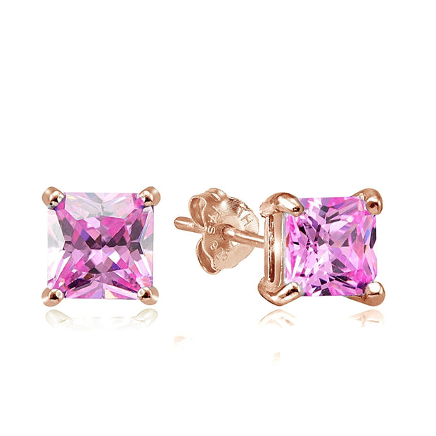 Rose Gold Tone over Sterling Silver 4ct Light Pink Cubic Zirconia 7mm Square Stud Earrings