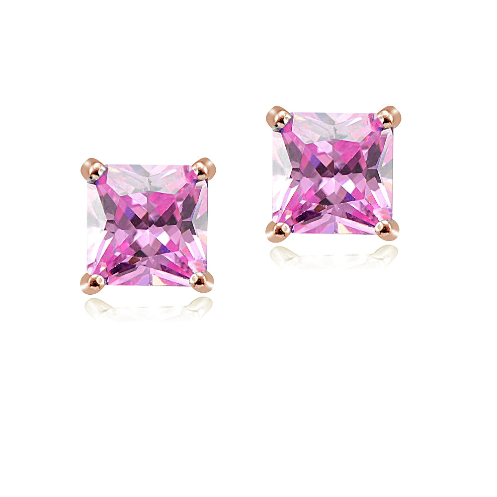 Rose Gold Tone over Sterling Silver 4ct Light Pink Cubic Zirconia 7mm Square Stud Earrings-2