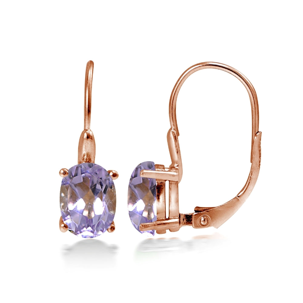 Rose Gold Flashed Sterling Silver Amethyst 8x6mm Oval Leverback Earrings