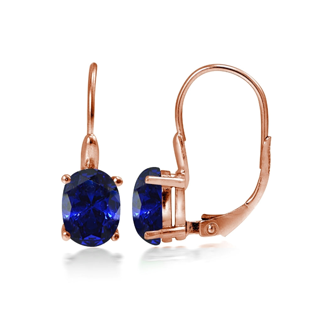 Rose Gold Flashed Sterling Silver Created Blue Sapphire 8x6mm Oval Leverback Earrings