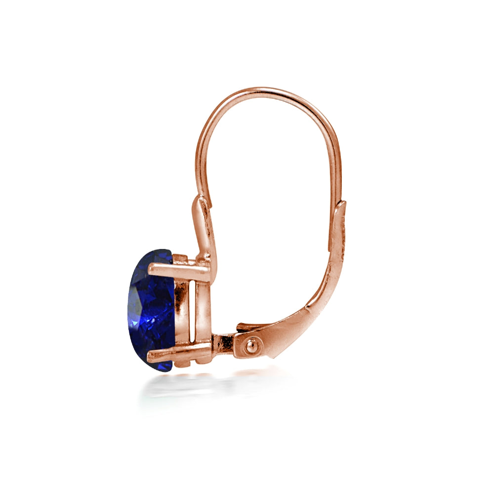 Rose Gold Flashed Sterling Silver Created Blue Sapphire 8x6mm Oval Leverback Earrings-2