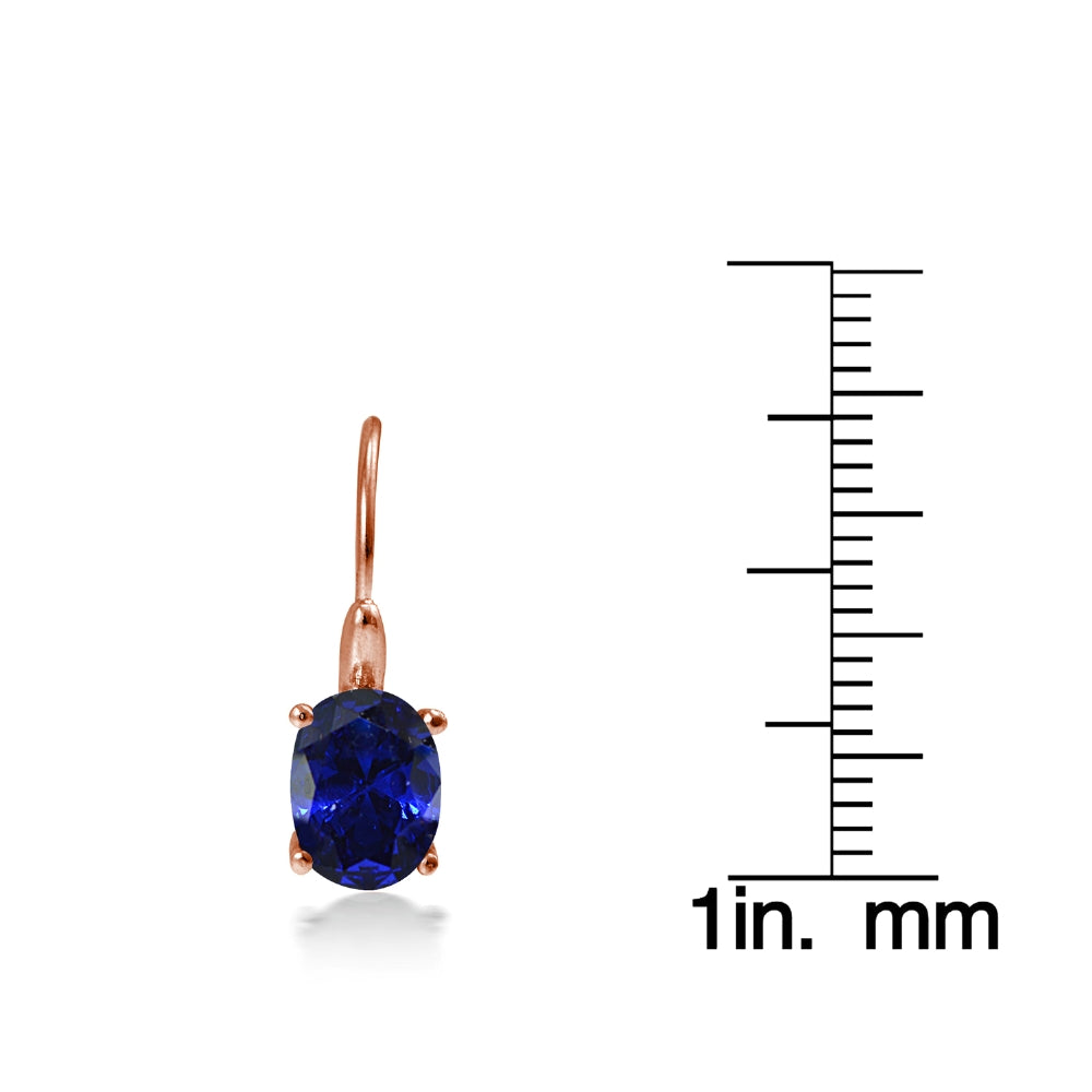 Rose Gold Flashed Sterling Silver Created Blue Sapphire 8x6mm Oval Leverback Earrings-3
