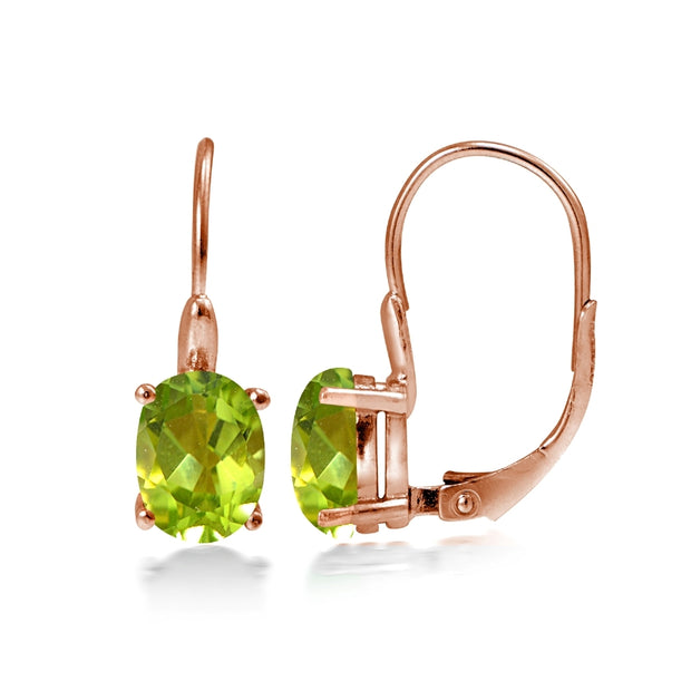 Rose Gold Flashed Sterling Silver Peridot 8x6mm Oval Leverback Earrings