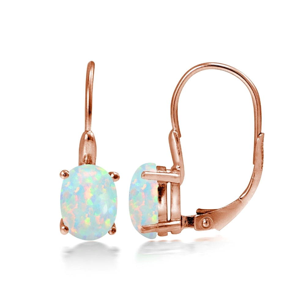 Rose Gold Flashed Sterling Silver Created Opal 8x6mm Oval Leverback Earrings