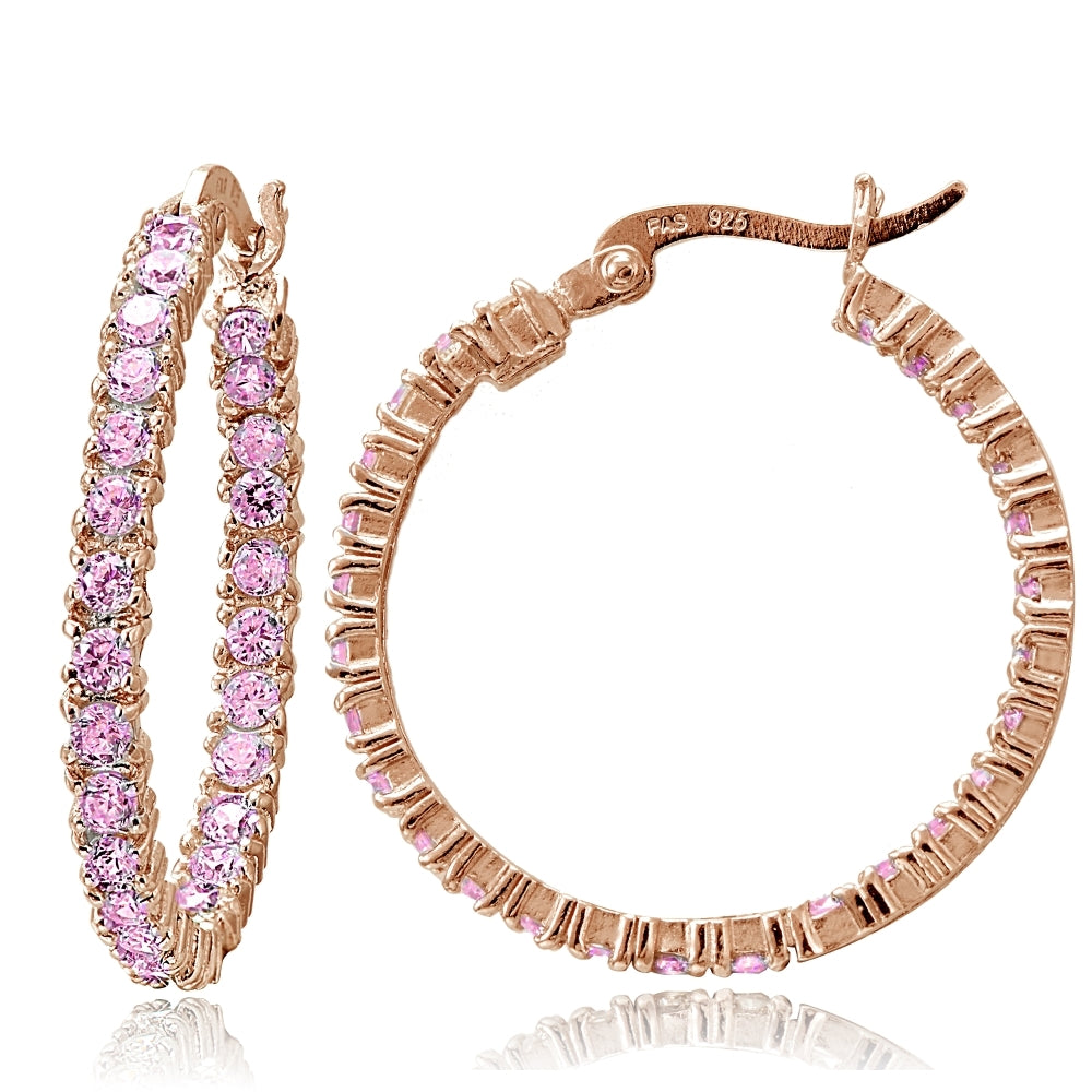 Rose Gold Flash Sterling Silver Pink Cubic Zirconia Round Hoop Earrings, 25mm