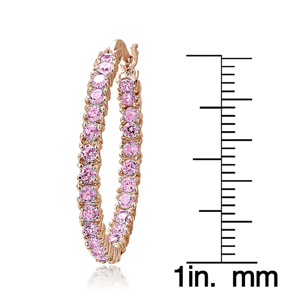Rose Gold Flash Sterling Silver Pink Cubic Zirconia Round Hoop Earrings, 25mm-2