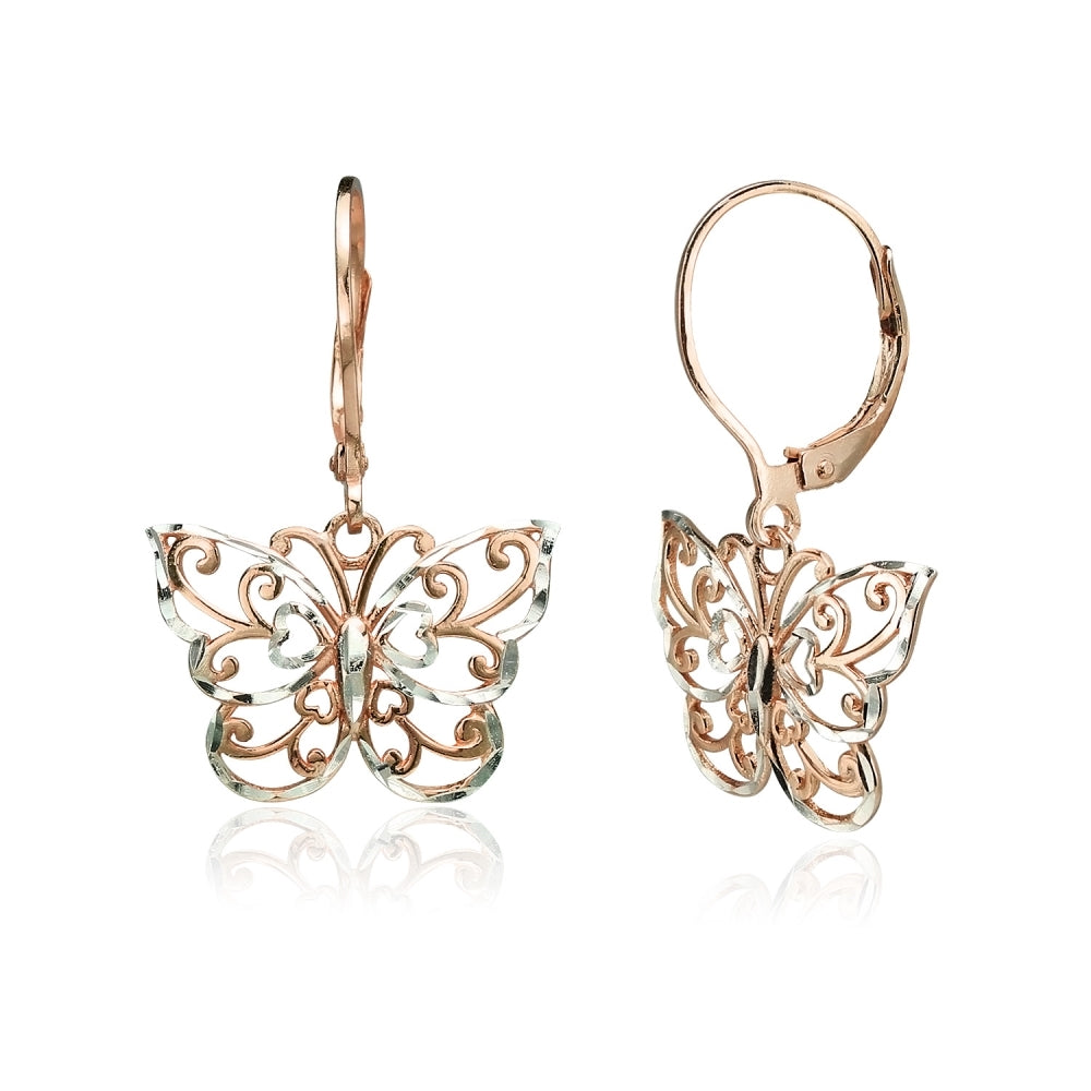 Rose Gold Flashed Sterling Silver Two-Tone Diamond-cut Filigree Butterfly Dangle Leverback Earrings