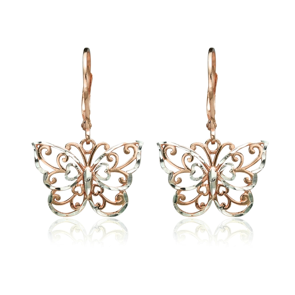 Rose Gold Flashed Sterling Silver Two-Tone Diamond-cut Filigree Butterfly Dangle Leverback Earrings-2