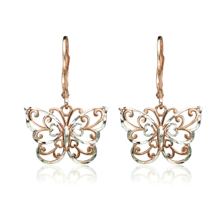 Rose Gold Flashed Sterling Silver Two-Tone Diamond-cut Filigree Butterfly Dangle Leverback Earrings