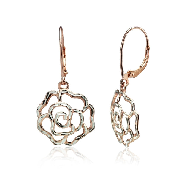 Rose Gold Flashed Sterling Silver Two-Tone Diamond-cut Rose Flower Dangle Leverback Earrings