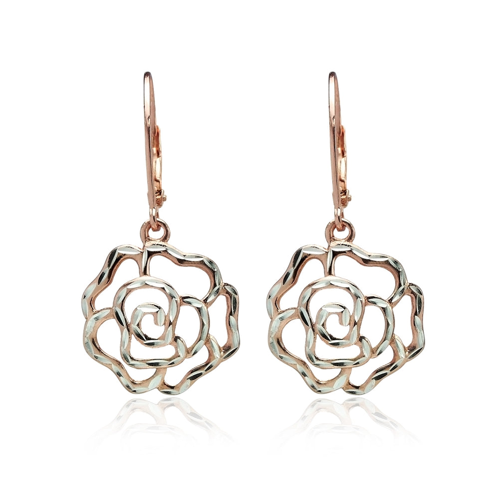 Rose Gold Flashed Sterling Silver Two-Tone Diamond-cut Rose Flower Dangle Leverback Earrings-2