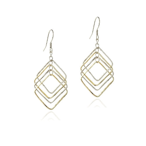 Sterling Silver Two Tone Geometric Square Dangle Earrings