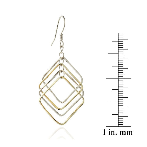 Sterling Silver Two Tone Geometric Square Dangle Earrings-3