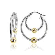 Sterling Silver Two-Tone High Polished Double Hoop with Bead Earrings