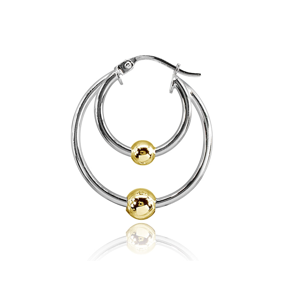 Sterling Silver Two-Tone High Polished Double Hoop with Bead Earrings-2