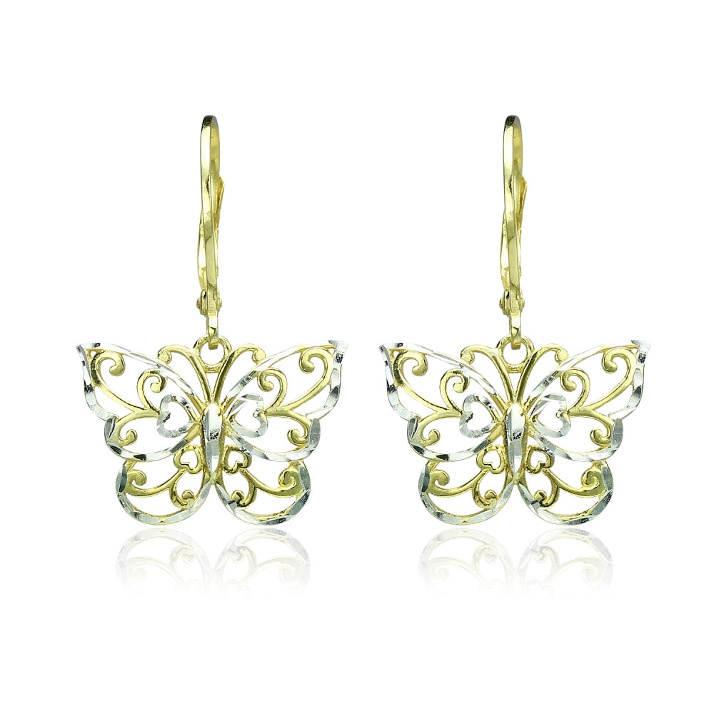 Yellow Gold Flashed Sterling Silver Two-Tone Diamond-cut Filigree Butterfly Dangle Leverback Earrings-2