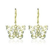 Yellow Gold Flashed Sterling Silver Two-Tone Diamond-cut Filigree Butterfly Dangle Leverback Earrings