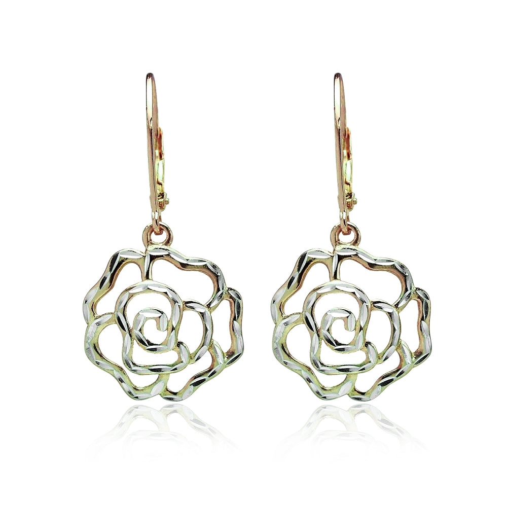 Yellow Gold Flashed Sterling Silver Two-Tone Diamond-cut Rose Flower Dangle Leverback Earrings-2
