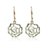 Yellow Gold Flashed Sterling Silver Two-Tone Diamond-cut Rose Flower Dangle Leverback Earrings