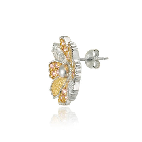 Sterling Silver & 18K Gold Overlay Pink CZ Flower Stud Earrings-2