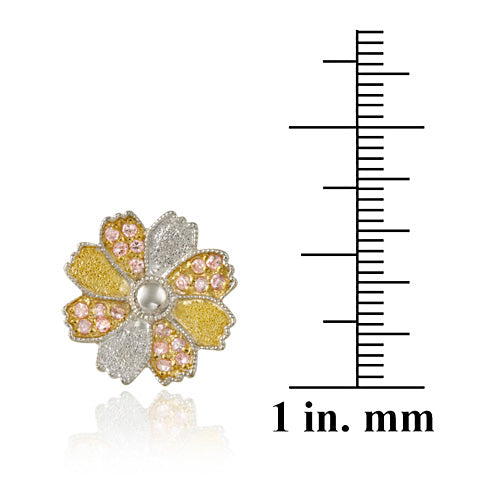 Sterling Silver & 18K Gold Overlay Pink CZ Flower Stud Earrings-3