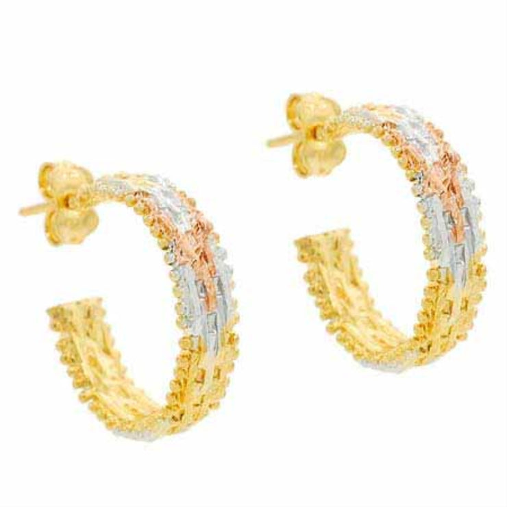 18K Gold over Sterling Silver Tri Color Gold Half-Hoop Earrings