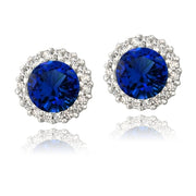 Sterling Silver 3.2ct Created Blue Sapphire & CZ Halo Stud Earrings