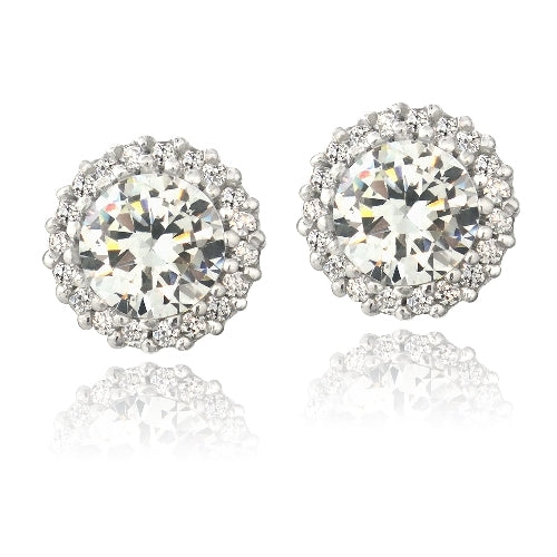 Sterling Silver CZ Halo Stud Earrings