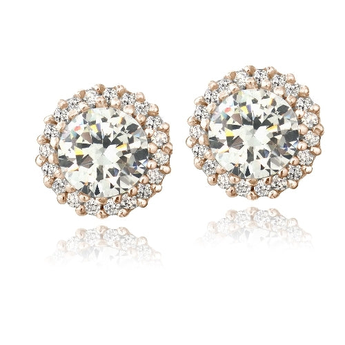Rose Gold Tone over Sterling Silver CZ Halo Stud Earrings