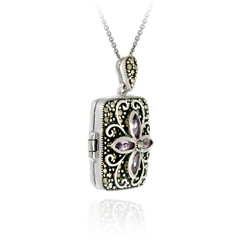Sterling Silver Genuine Amethyst Flower Marcasite Locket Necklace-3