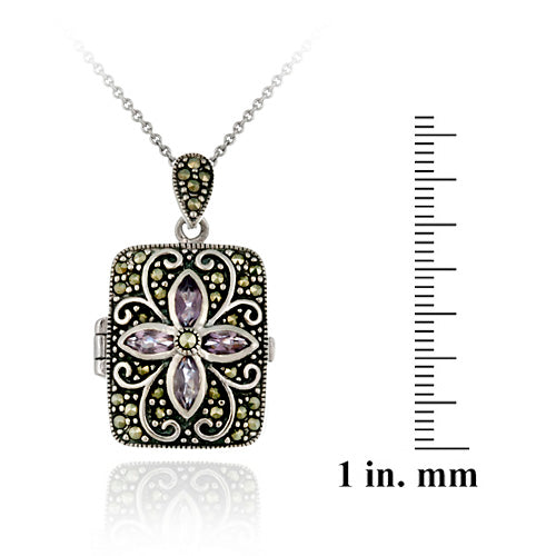 Sterling Silver Genuine Amethyst Flower Marcasite Locket Necklace-4