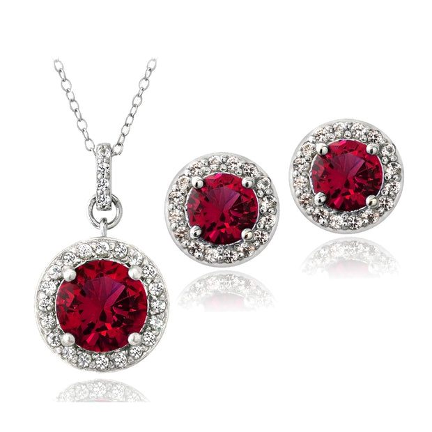 Sterling Silver 5.25ct Created Ruby & Created White Sapphire Round Stud Earrings & Necklace Set