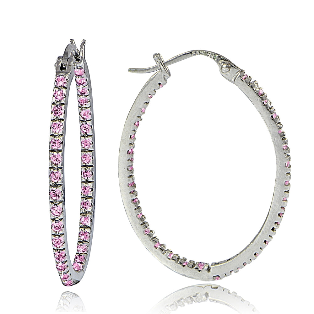 Sterling Silver Pink Cubic Zirconia Inside Out 25mm Oval Hoop Earrings