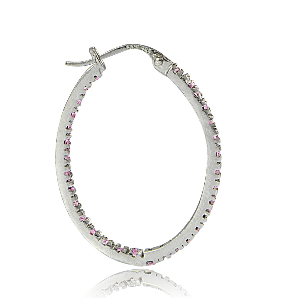 Sterling Silver Pink Cubic Zirconia Inside Out 25mm Oval Hoop Earrings-2