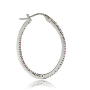 Sterling Silver Pink Cubic Zirconia Inside Out 25mm Oval Hoop Earrings
