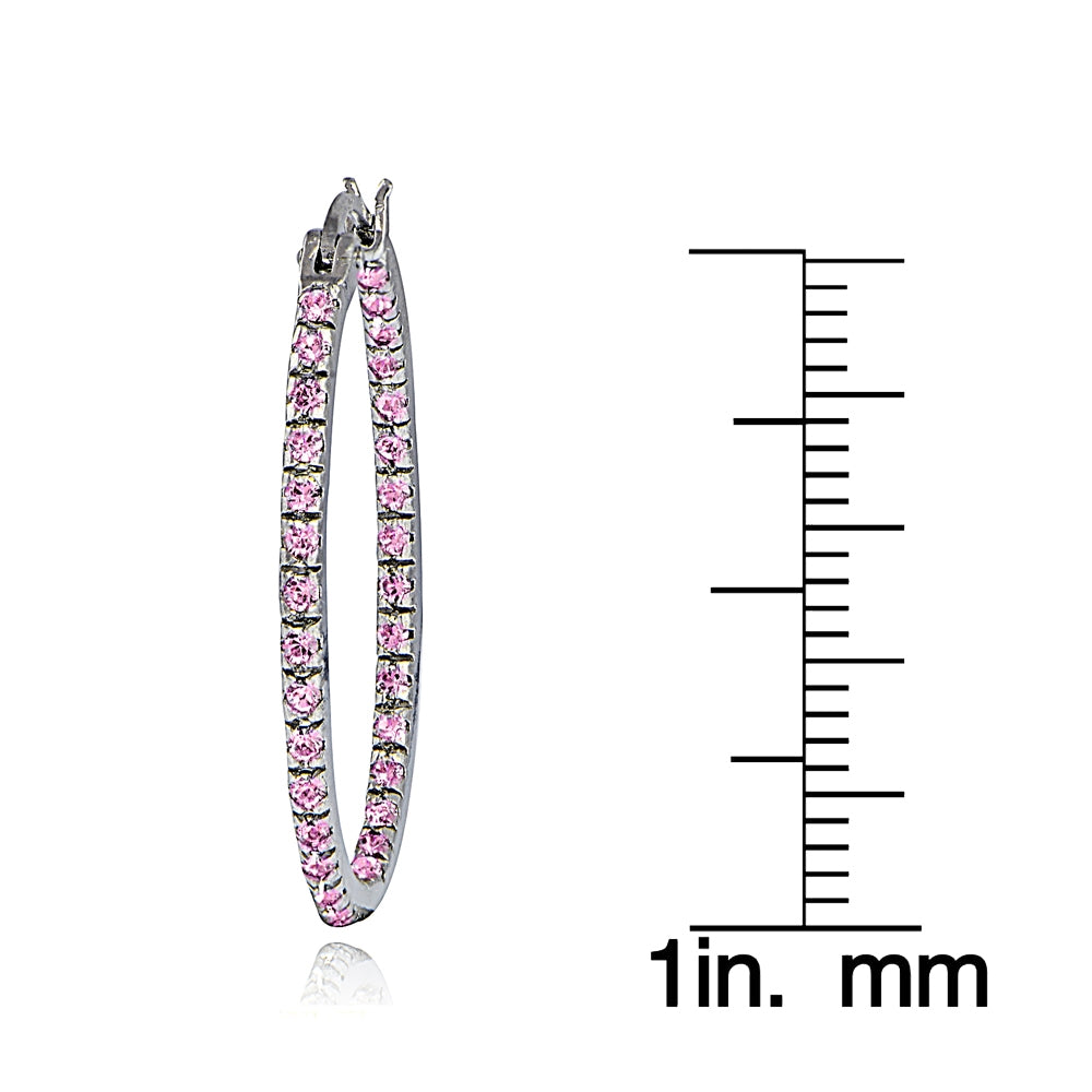 Sterling Silver Pink Cubic Zirconia Inside Out 25mm Oval Hoop Earrings-3