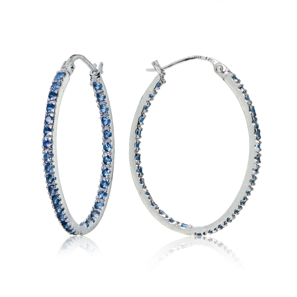 Sterling Silver Nano Created London Blue Topaz Stone Inside Out 25mm Oval Hoop Earrings